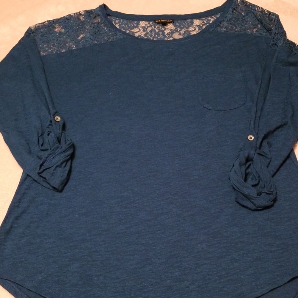 EUC deep blue green lace detail Express top